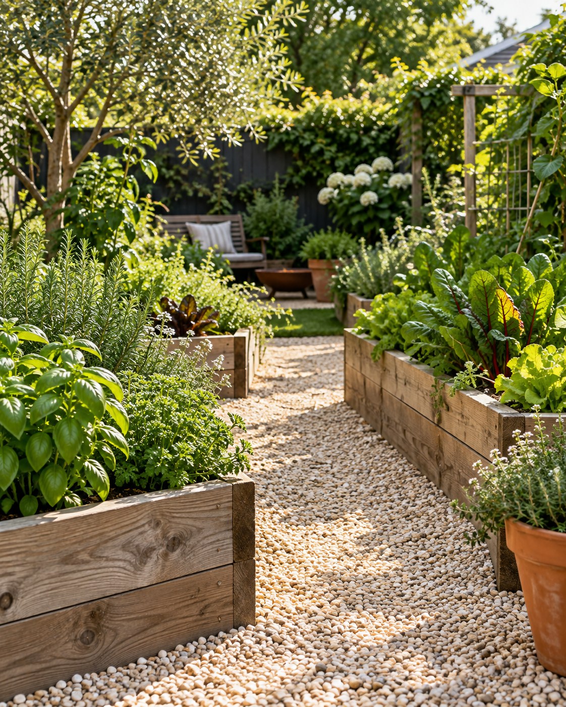 A sunlit backyard garden with raised wooden beds, leafy herbs, and a gravel path.